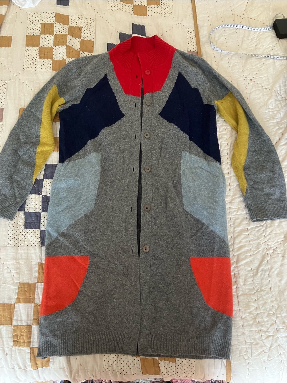 Folk Gray Colorblock Long Cardigan with Red and Navy Accents
